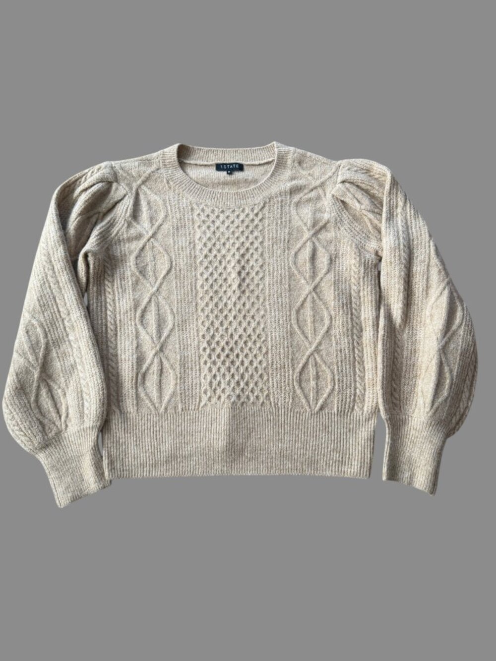 1.STATE Tan Cable Knit Puff Sleeve Sweater Scalloped Hem Size M